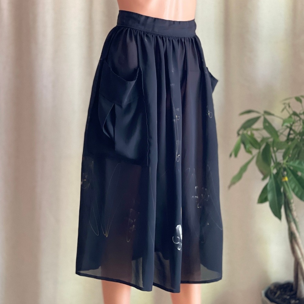 Vtg 90s Black Sheer Midi Skirt Hand Painted Floral Cargo Pockets Avant Garde XS